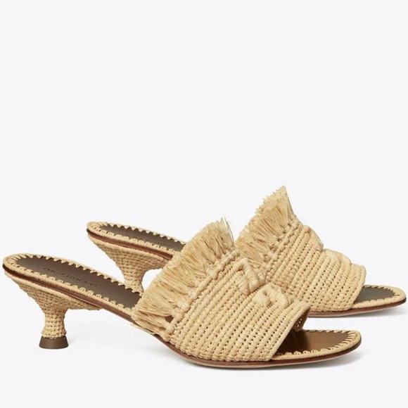 NIB $378 Tory Burch Eleanor Raffia Kitten-Heel Mules Double T Slip On Sandal 6.5 - Picture 2 of 11